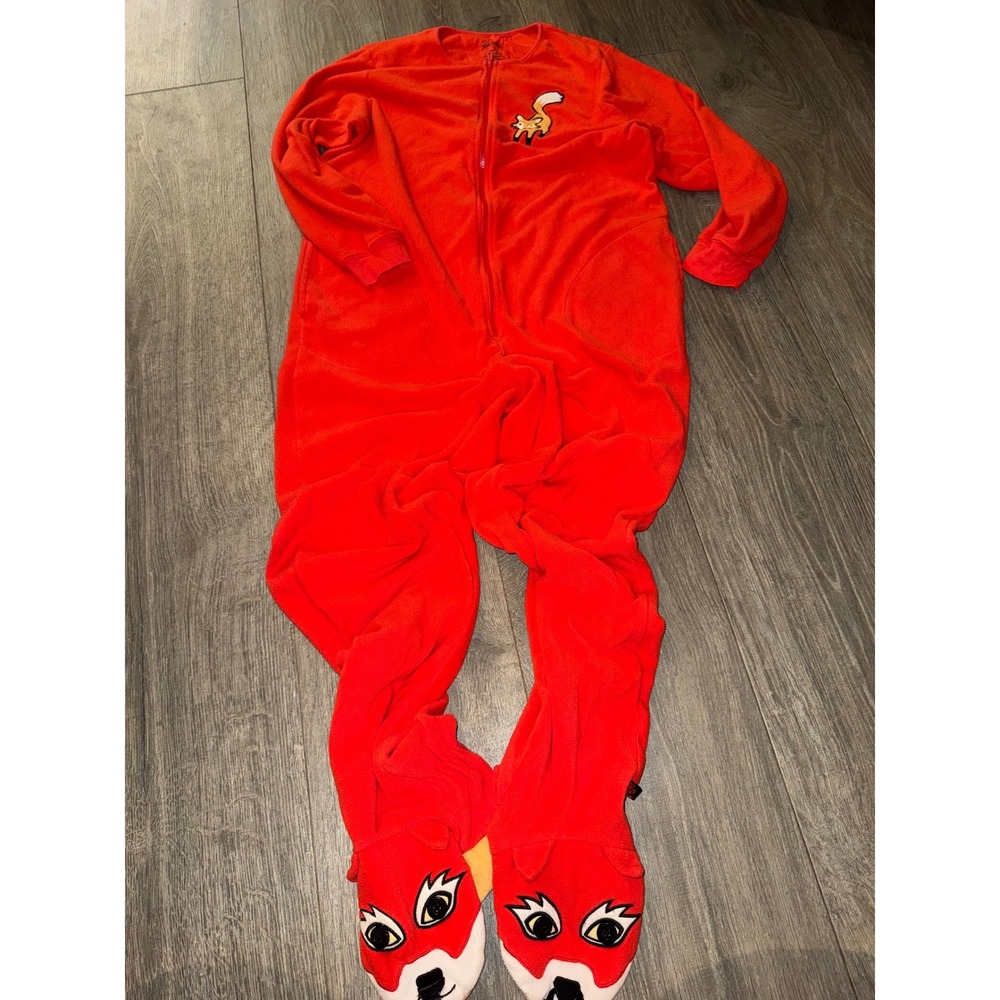 Nick & Nora Red Fleece Fox Footed Union Suit Pajamas Size Large Long Sleeve Zip